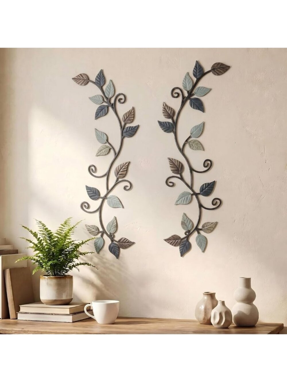 2 Pcs Metal Tree Leaf Wall Art - Rustic Scroll Vine Decor for Indoor/Outdoor